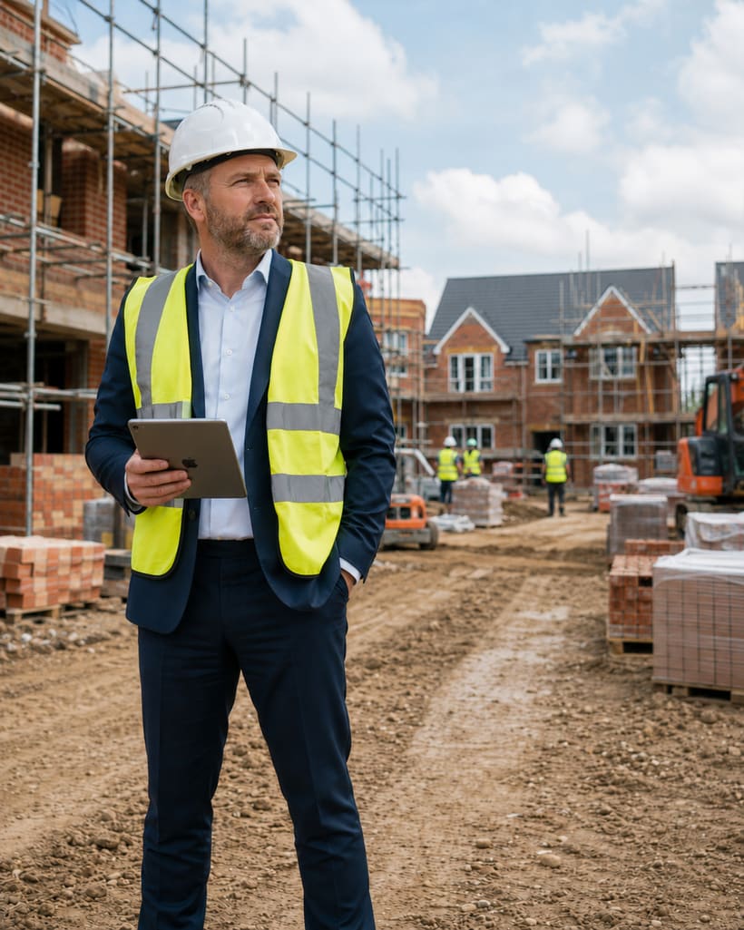 Site manager checking progress across a new-build housing development on a tablet