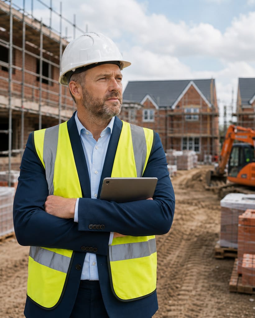 Site manager in hi-vis reviewing the day's plan on a tablet on a UK new-build housing site