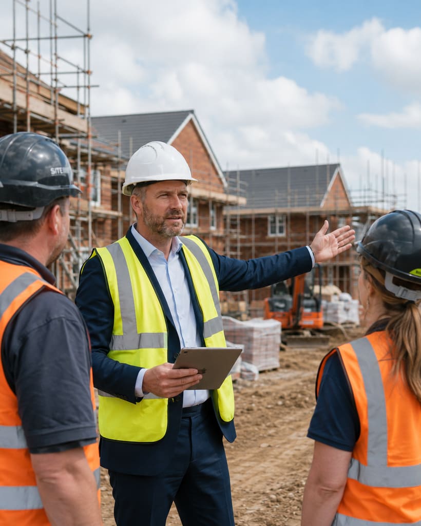 Site manager briefing two contractors on a housebuilding site, tablet in hand